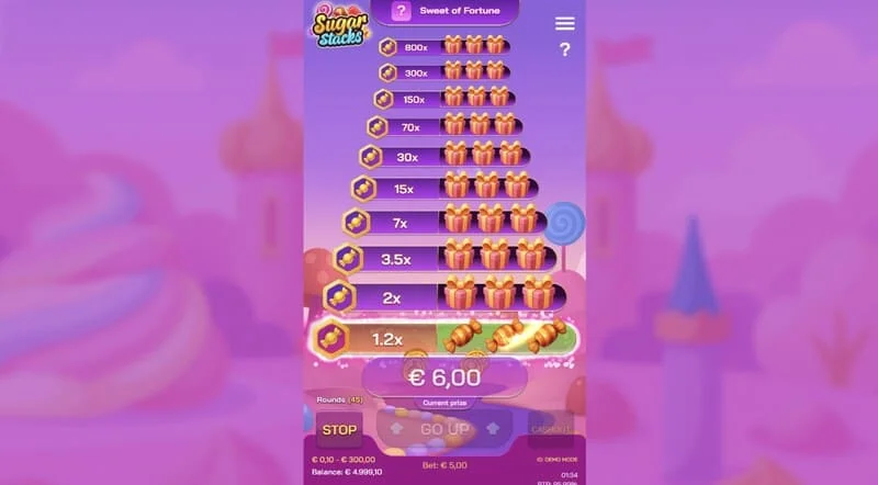 Sugar Stacks – voitollinen vaihe, jossa nykyinen kerros ja kerroinlaskuri on korostettu